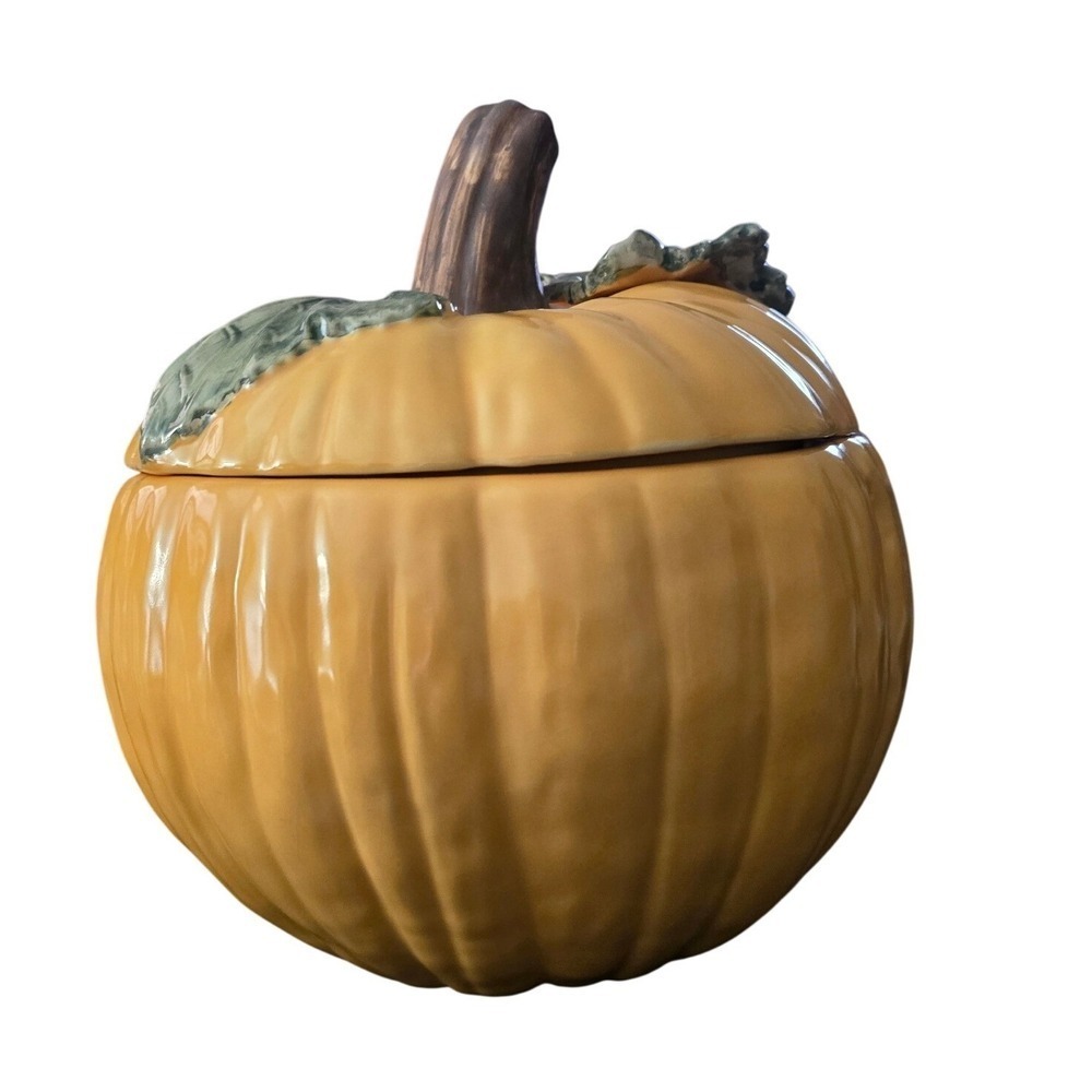 Williams Sonoma Pumpkin Tureen Lidded Serving Bowl Orange Ceramic Fall Harvest - Picture 3 of 11